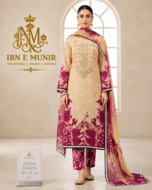 Floral Charm Kurti Chiffon Dupatta 3PC EL-18 Unstitched